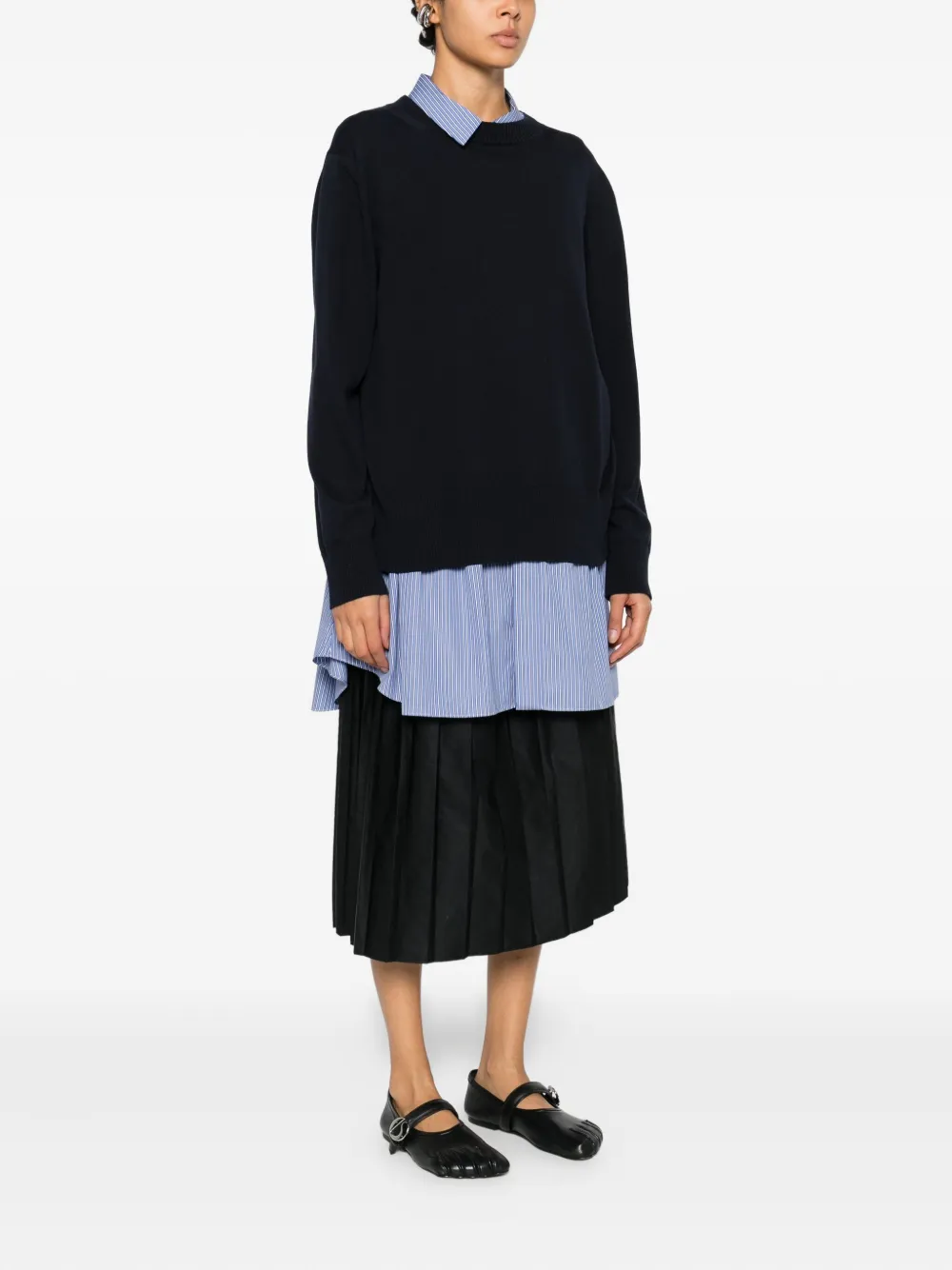 sacai Popeline x katoenen gestreepte gebreide jurk met kraag Blauw