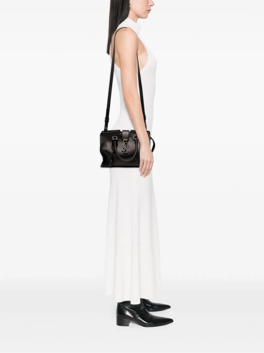 Pre-owned Saint Laurent 2015 Baby Leather Monogram Downtown Cabas Satchel In Black