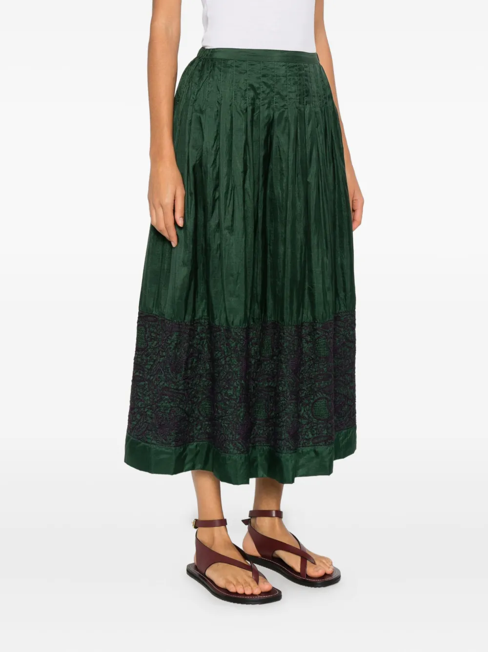 INJIRI Midi-plooirok met geborduurd detail Groen