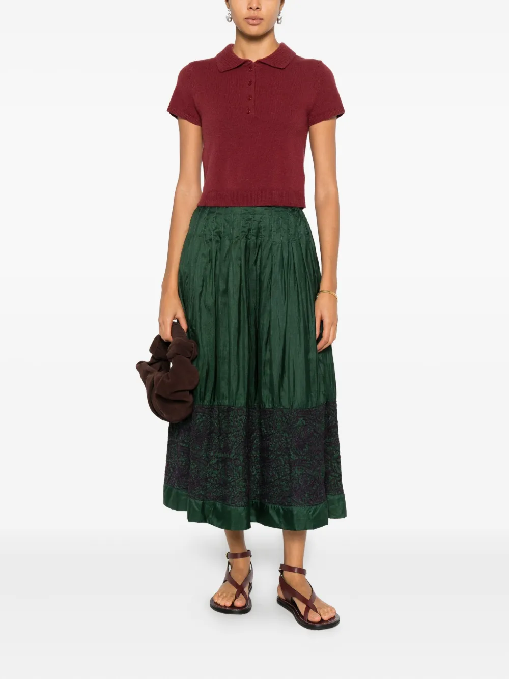 INJIRI pleated embroidered-details midi skirt - Groen
