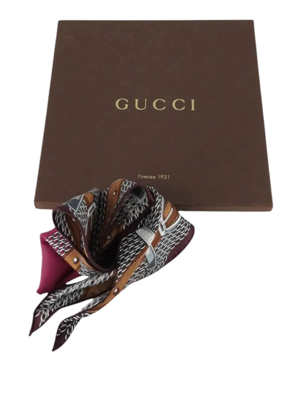 Pre-owned Gucci Rhombus-shape Silk Scarf In Brown