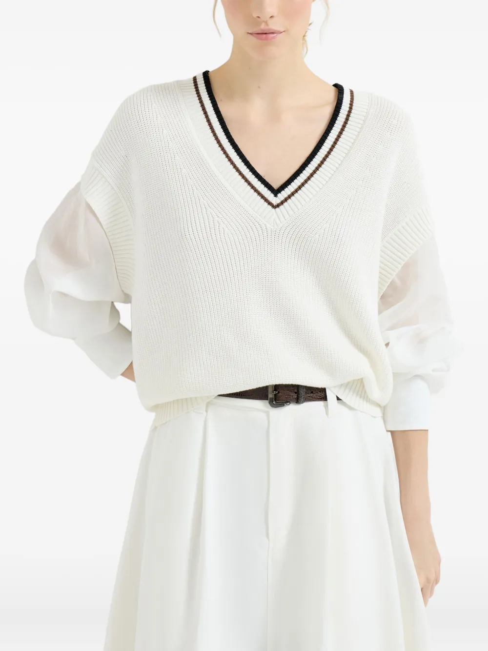 Brunello Cucinelli Trui met organza mouwen Wit