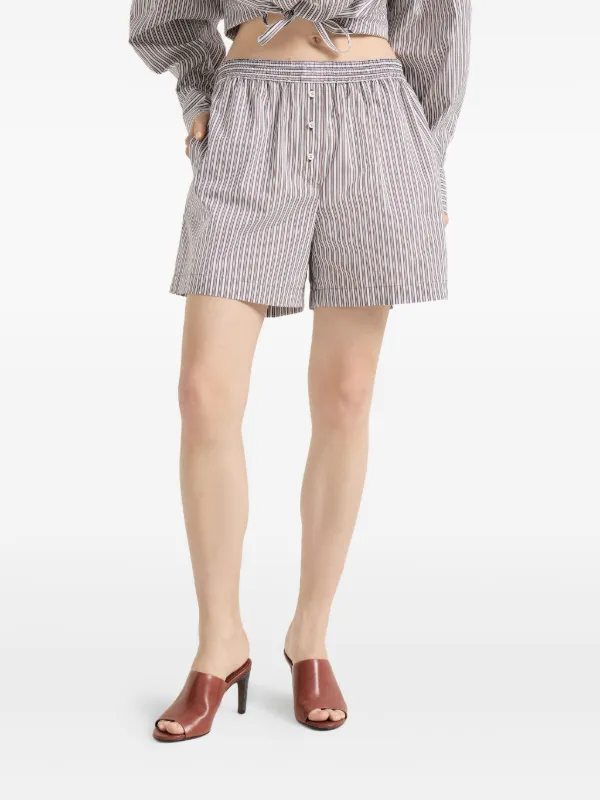 Brunello Cucinelli Striped Cotton and Silk Poplin Pajama-style Shorts with Monili in White
