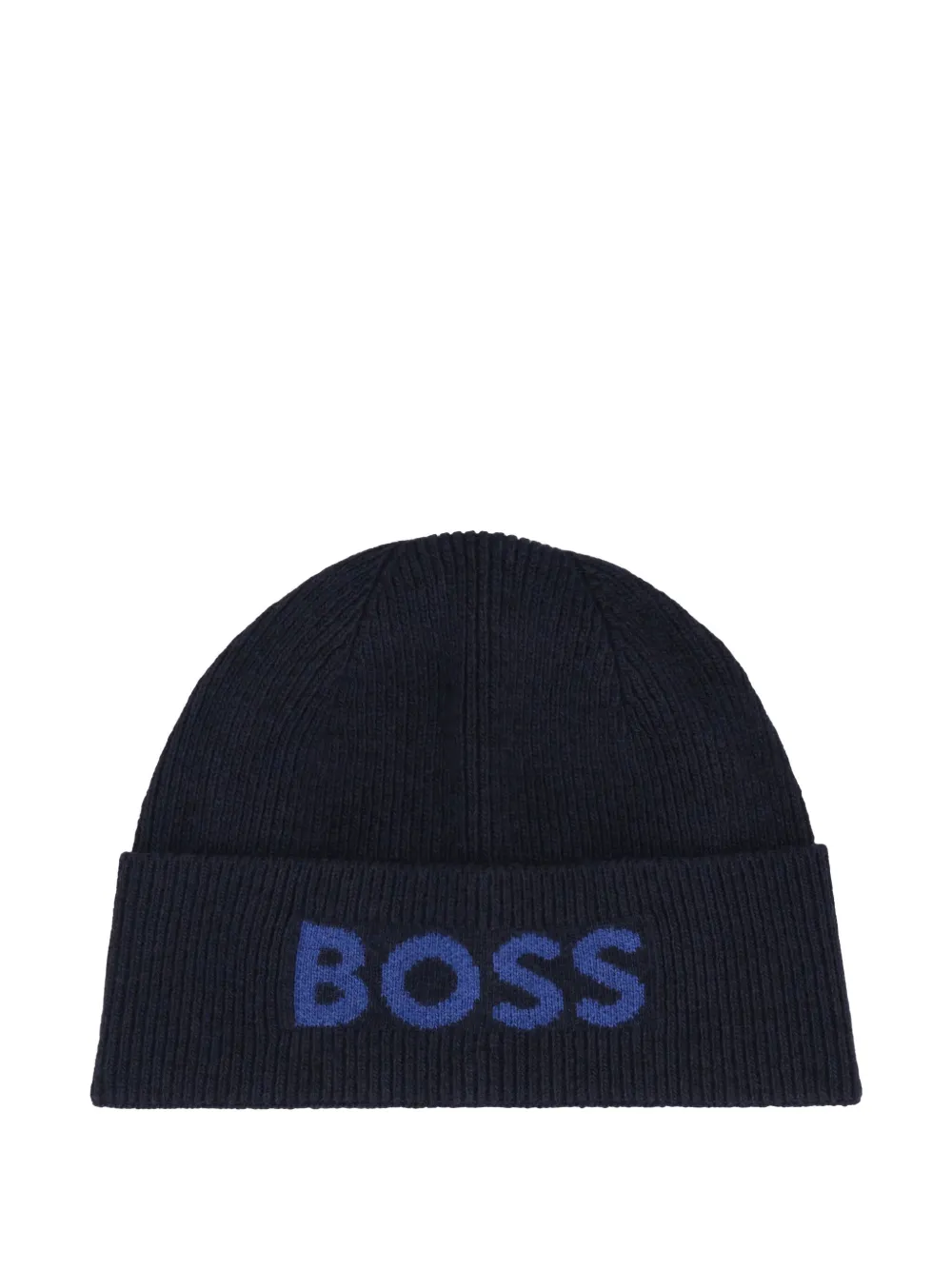 Hugo Boss Logo Knit Beanie Adjustable Cuff In Blue