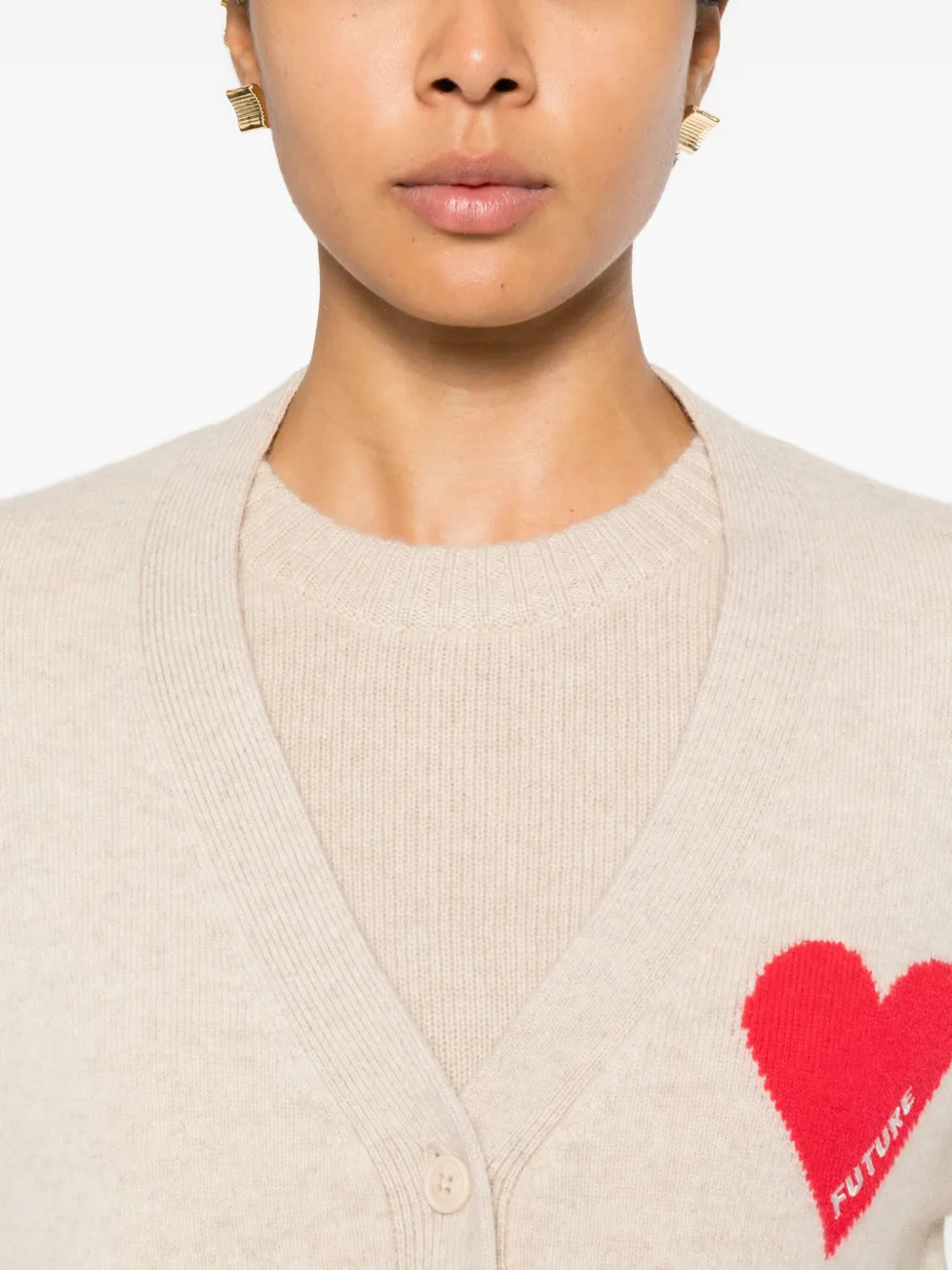 From Future Heart-intarsia Button-up Cardigan In Neutral