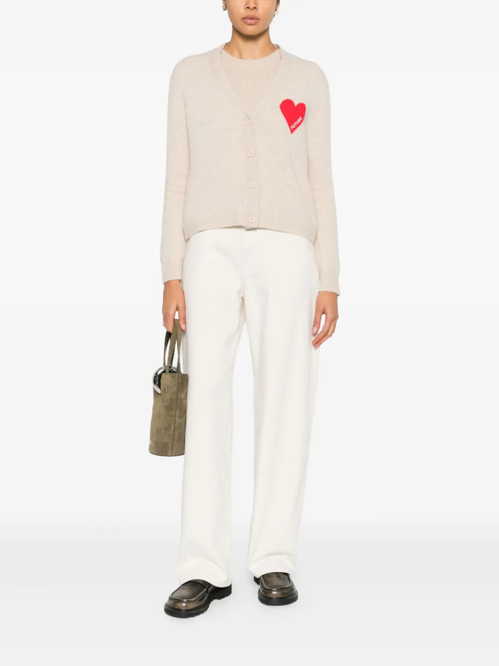 From Future Heart-intarsia Button-up Cardigan In Neutral