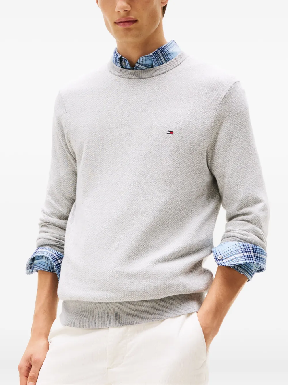 Tommy Hilfiger Herringbone Crew-neck Sweater In Gray