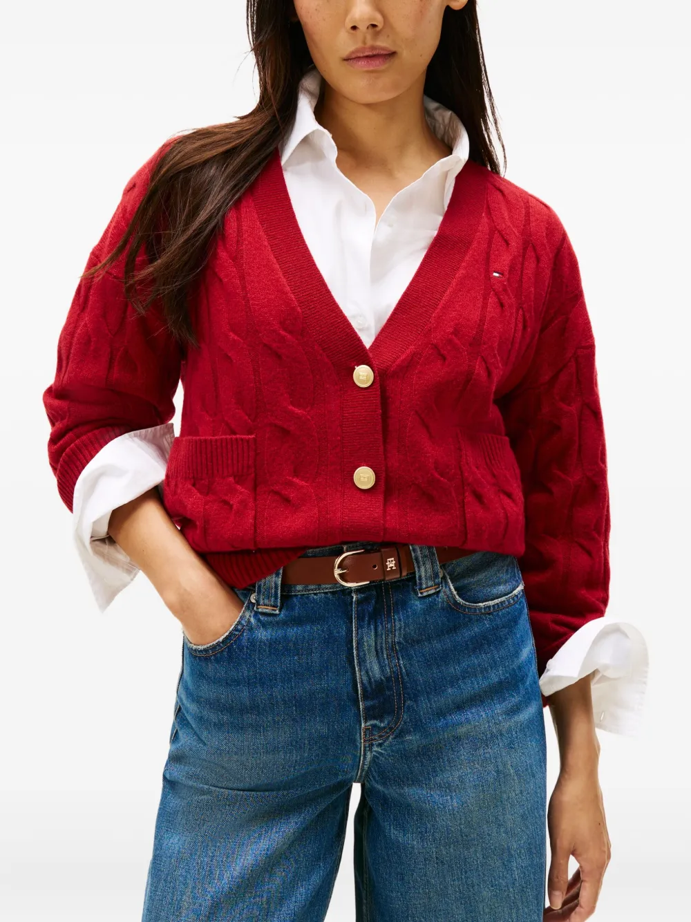 Tommy Hilfiger Cable-knit Pocket Cardigan In Red