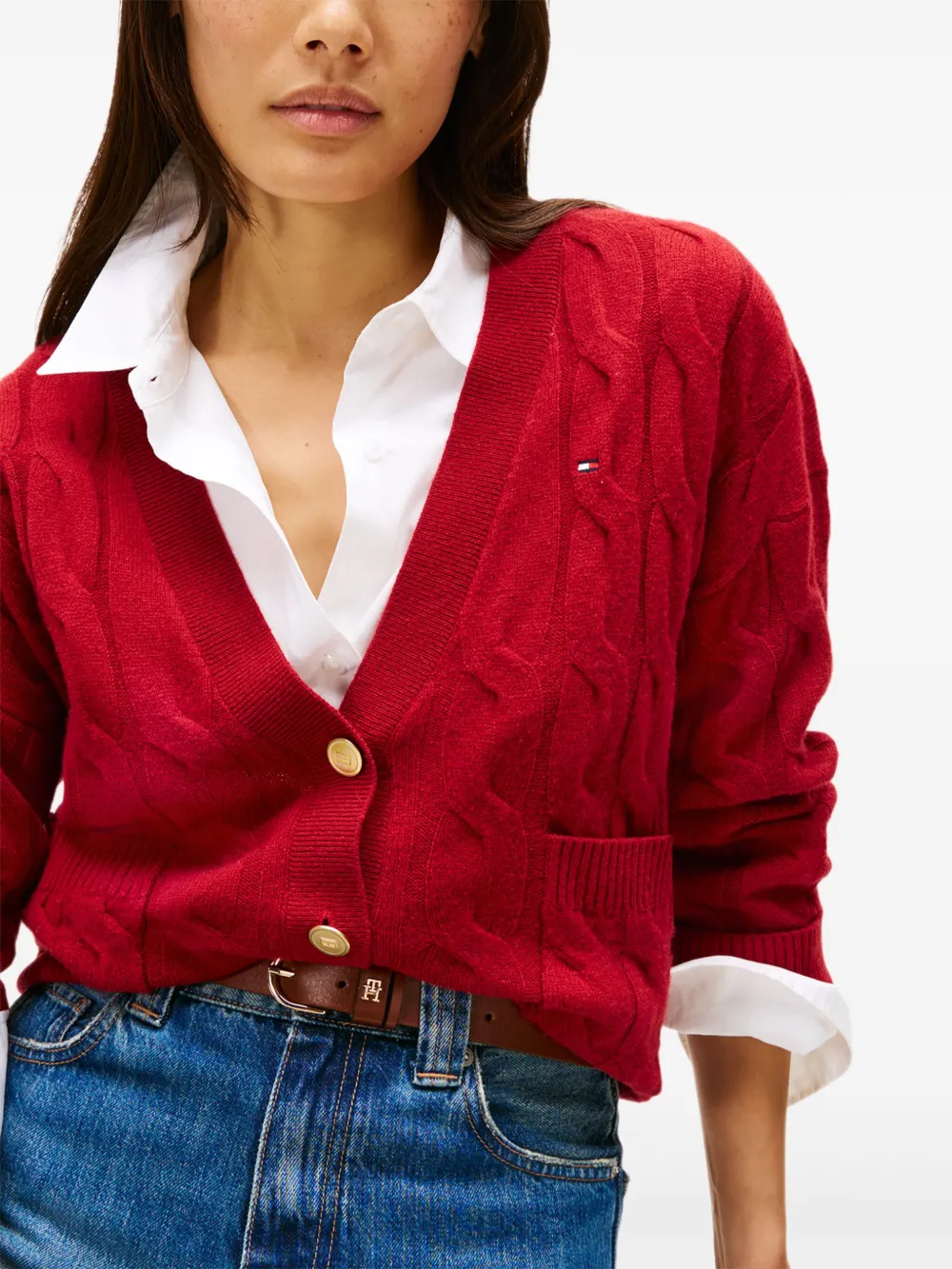 Tommy Hilfiger Cable-knit Pocket Cardigan In Red