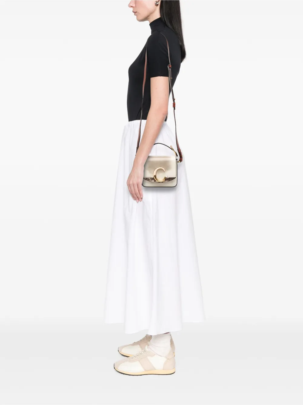 Pre-owned Chloé 2010-2025 Mini Shaded Glossy Calfskin Lizard Embossed Trim C Satchel In White
