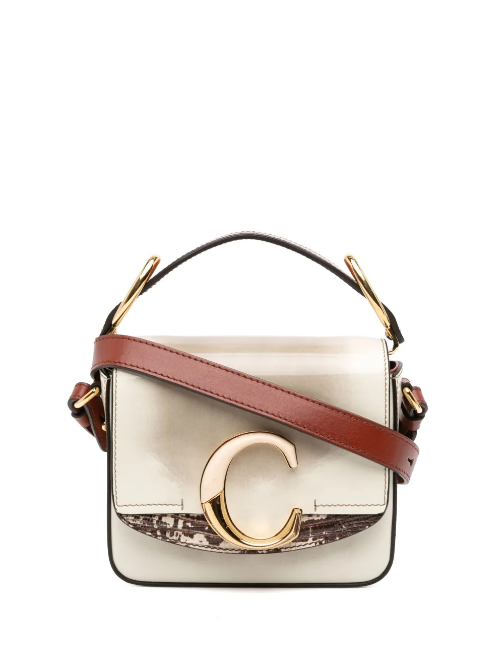 Pre-owned Chloé 2010-2025 Mini Shaded Glossy Calfskin Lizard Embossed Trim C Satchel In White