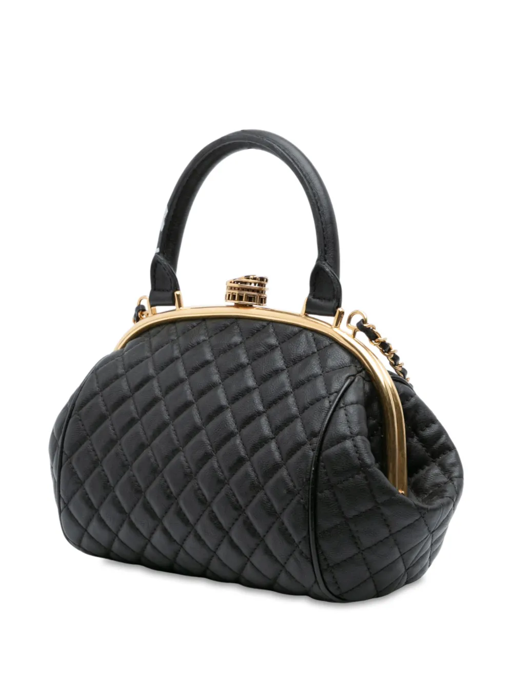 Pre-owned Chanel 2016-2017 Paris Rome Quilted Calfskin Colosseum Lock Frame Bowling Bag Satchel In Black
