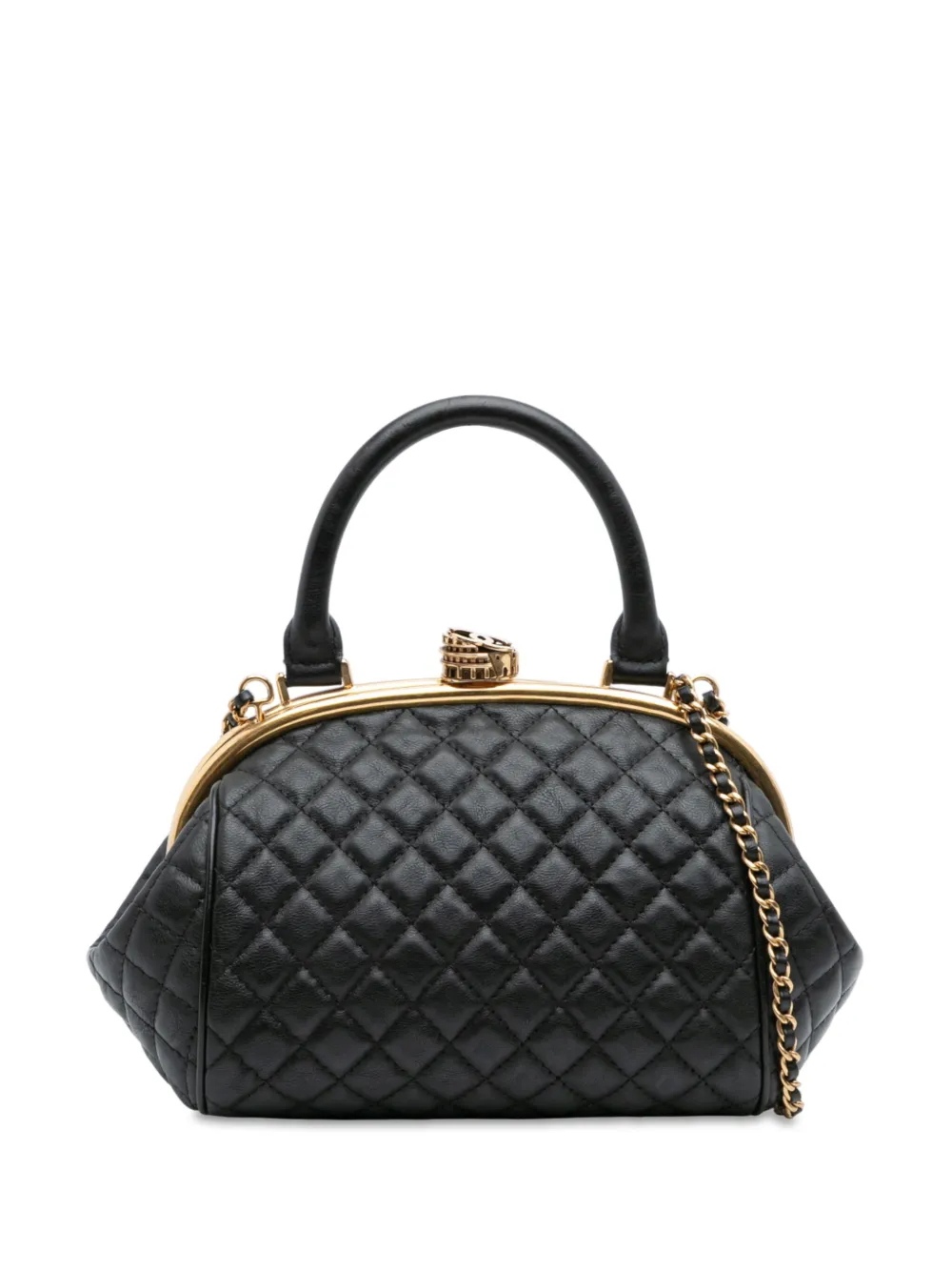 Pre-owned Chanel 2016-2017 Paris Rome Quilted Calfskin Colosseum Lock Frame Bowling Bag Satchel In Black