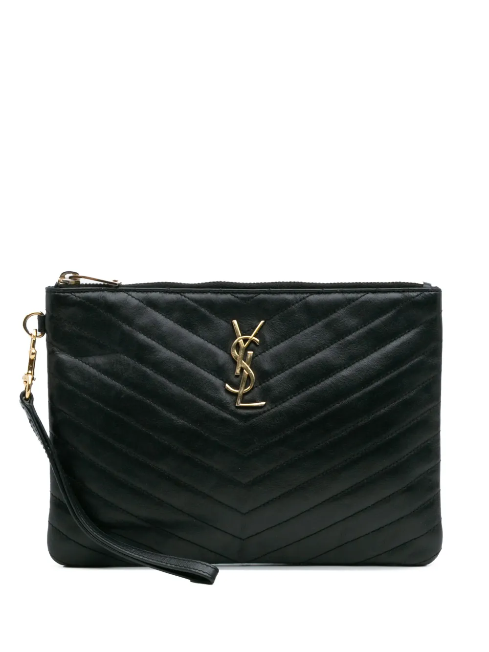 Pre-owned Saint Laurent 2014 Chevron Leather Monogram New Jolie Clutch Bag In Black