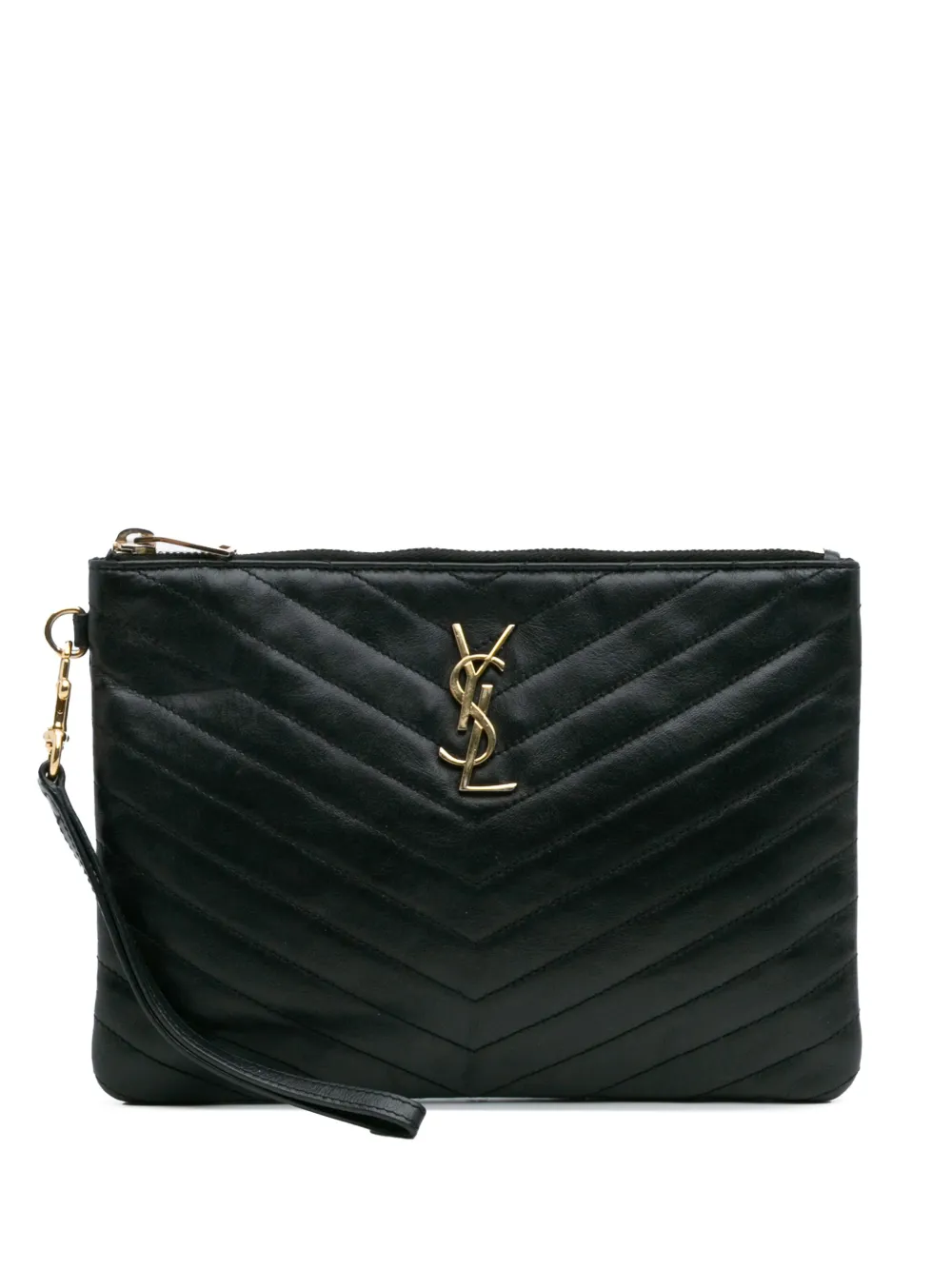 Pre-owned Saint Laurent 2014 Chevron Leather Monogram New Jolie Clutch Bag In Black