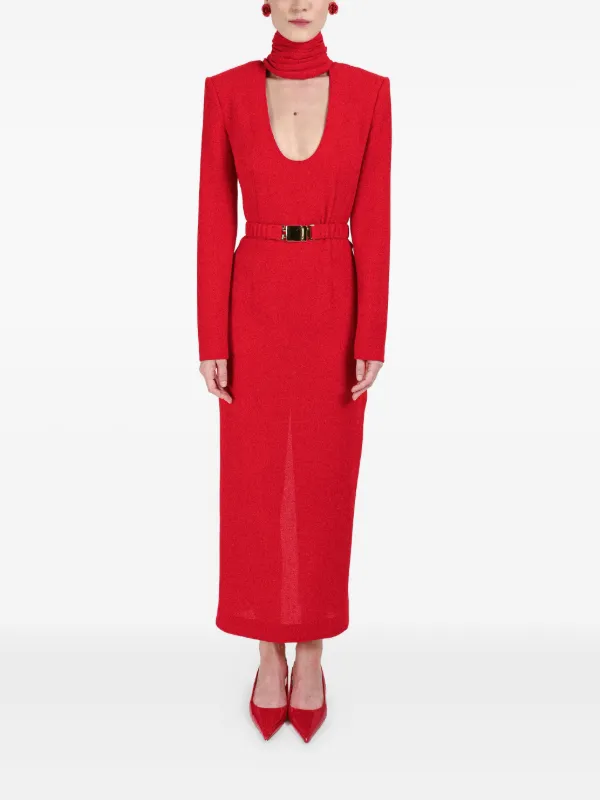 Rowen Rose draped-collar Belted Dress | Red | FARFETCH ID