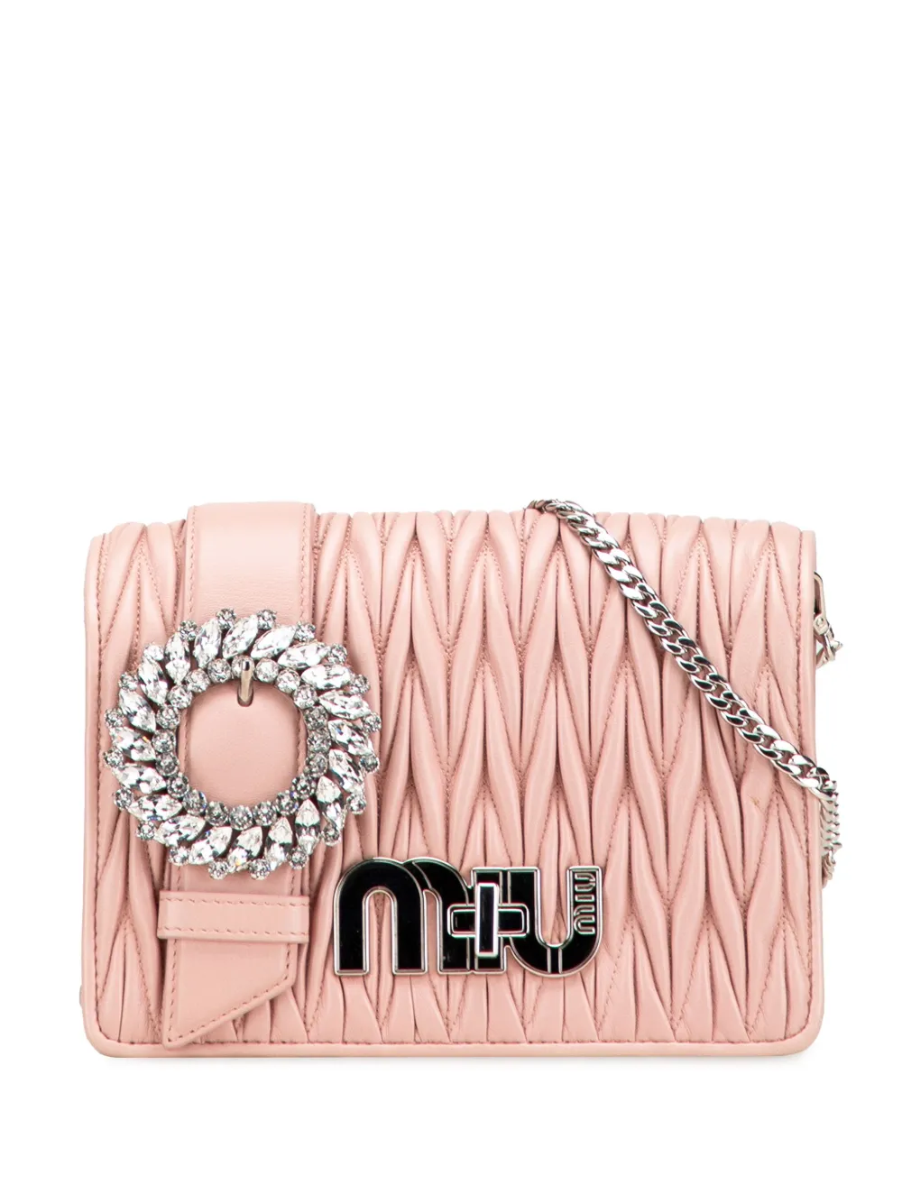 Pre-owned Miu Miu 2010-2025 Matelasse Nappa Crystal Chain Buckle Crossbody Bag In Pink