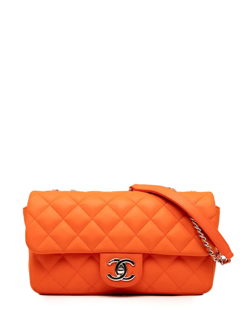 Pre-owned Chanel 2016-2017 Medium Quilted Lambskin Rubber Coco Rain Flap Shoulder Bag In Orange