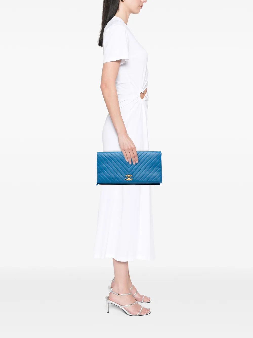 Pre-owned Chanel 2018 Cc Chevron Lambskin Fold Over Clutch Bag In Blue