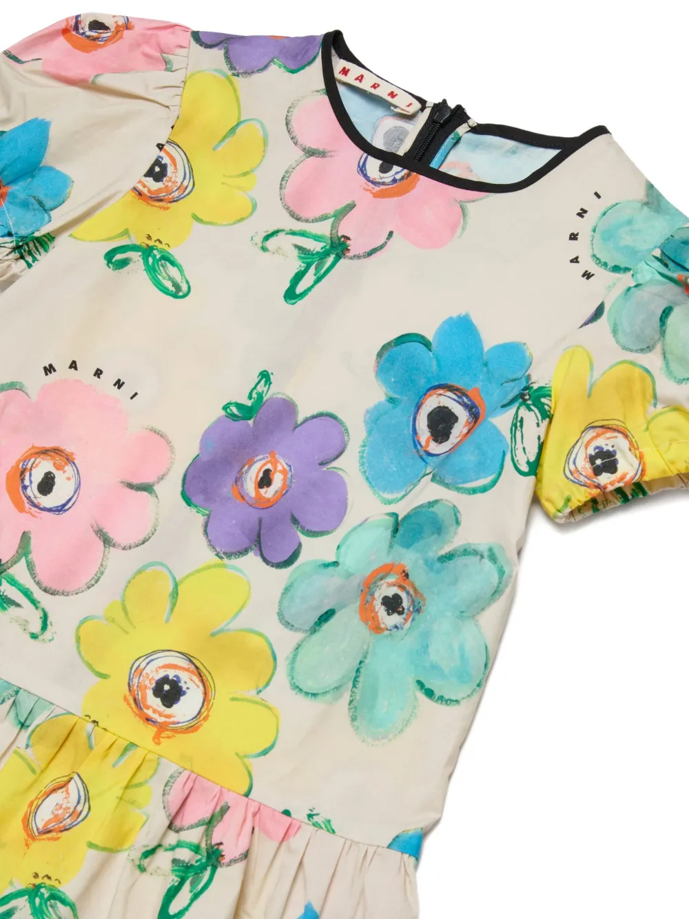  Marni Kids Floral Puff-sleeve Dress - Neutrals 