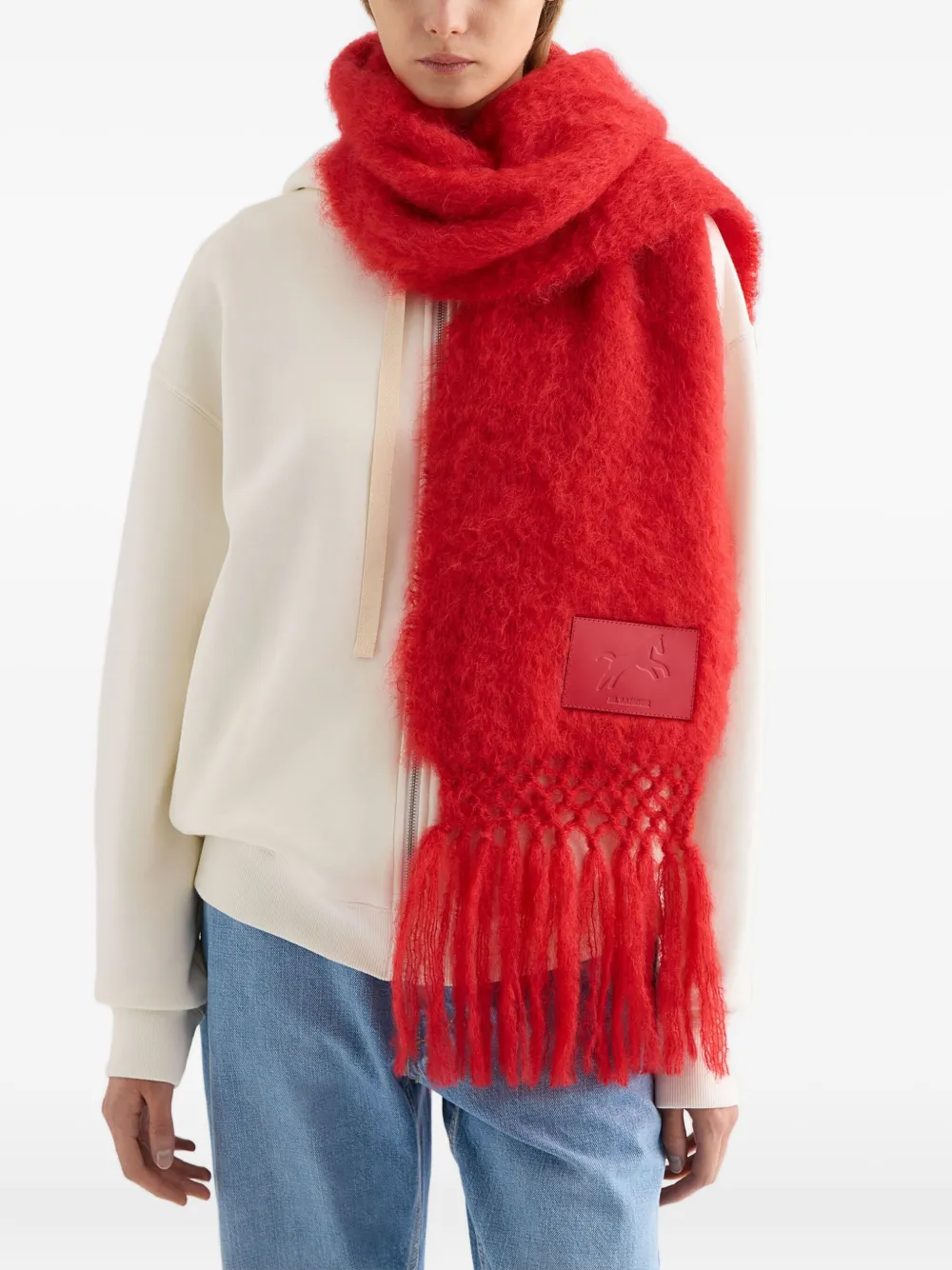 Jil Sander Horse-patch Fringed Scarf In Red