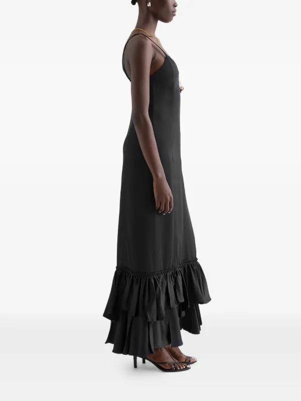 black dress with ruffles on bottom Bless Strapless Organza Ruffle Mini Do Not Bleach Ruffle-Trim Strapless Gown in Black