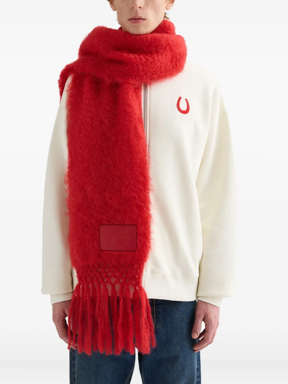 Jil Sander logo-patch fringed scarf Rood