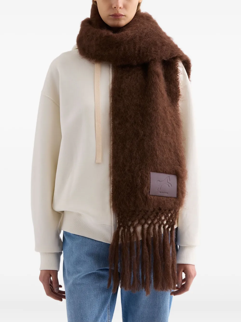 Jil Sander Logo-patch Fringed Scarf In Brown