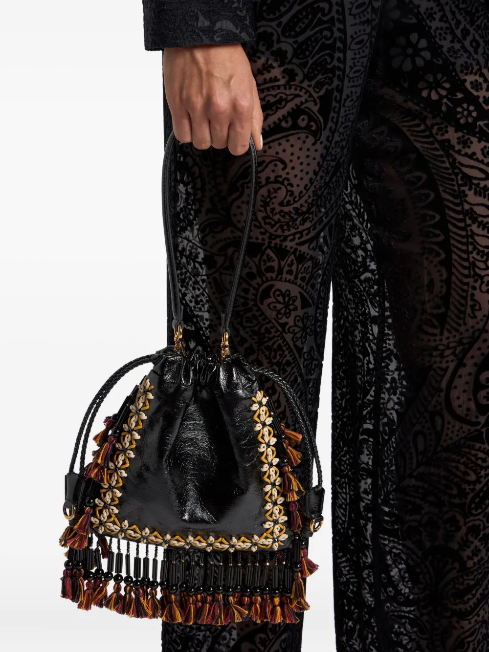 ETRO Kalispera kleine leren schoudertas met franje - Zwart