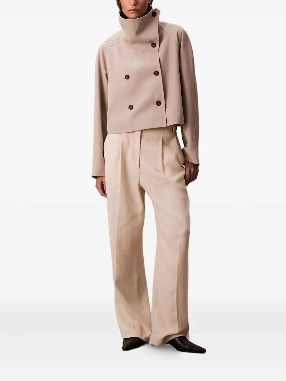 Calvin Klein Button High-neck Short Coat In Brown