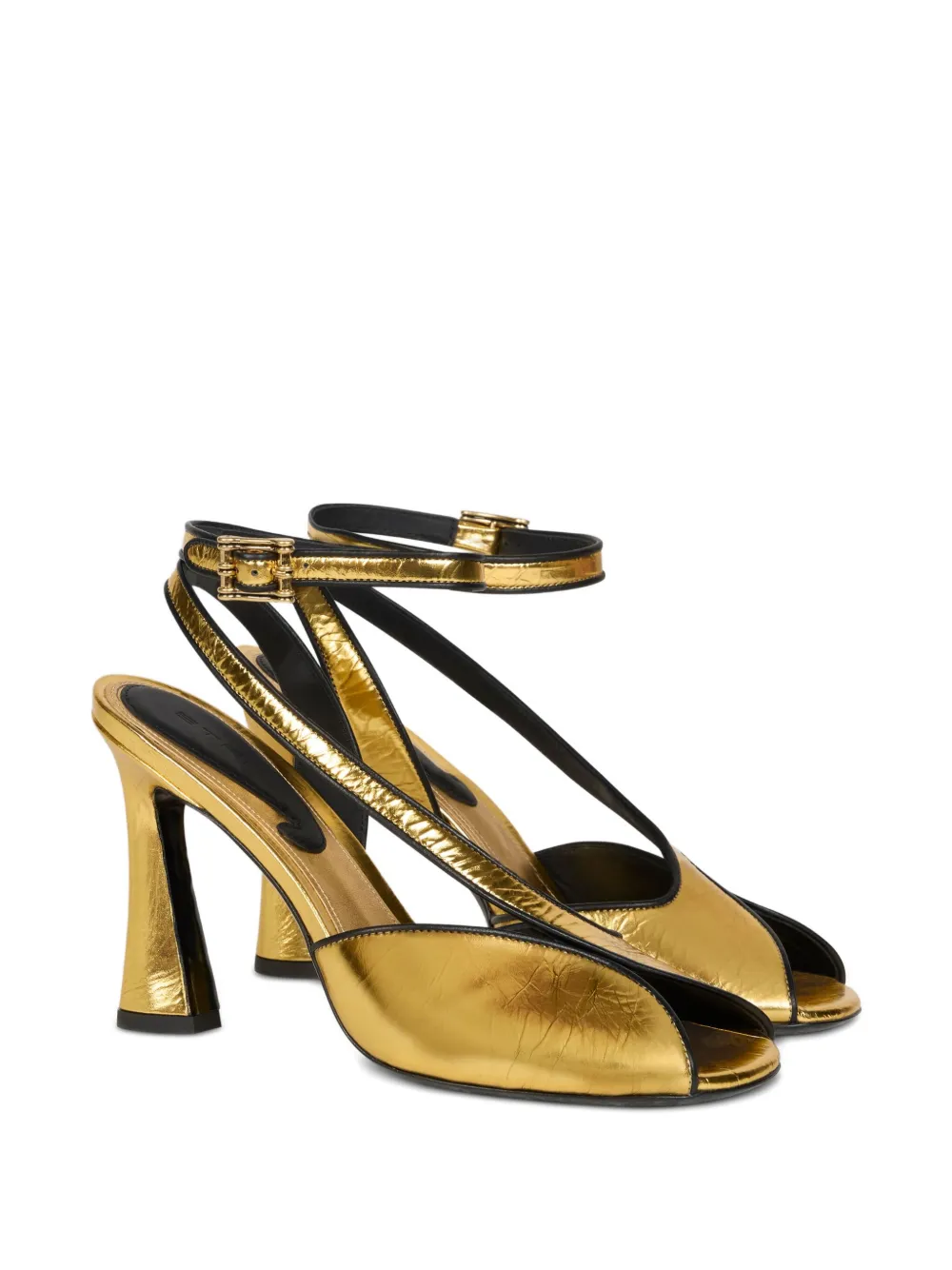 Etro 90mm Cracked-effect Ankle Strap Heeled Sandals In Gold