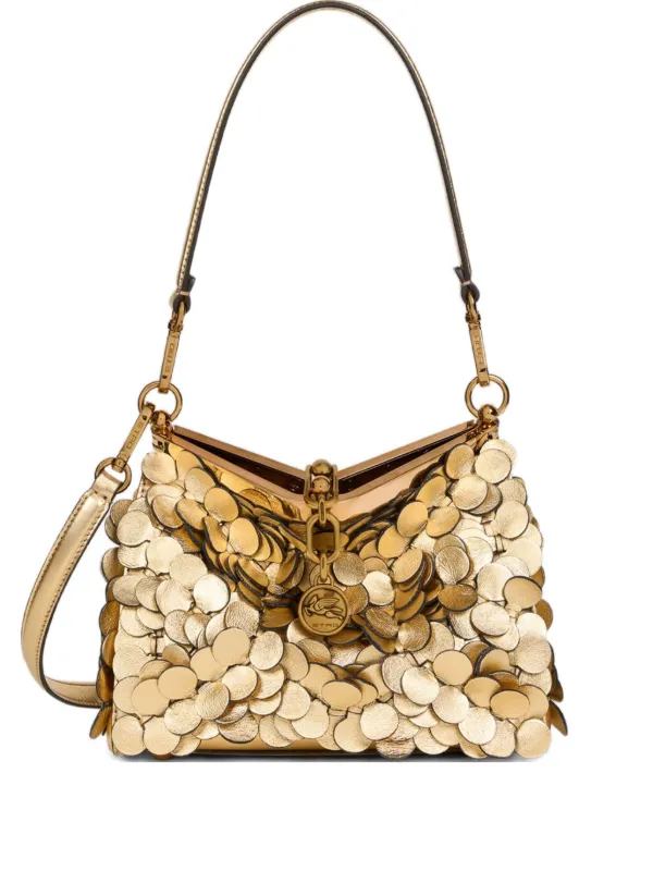 Etro Small Leather Vela Bag with Laminated Sequins in Gold