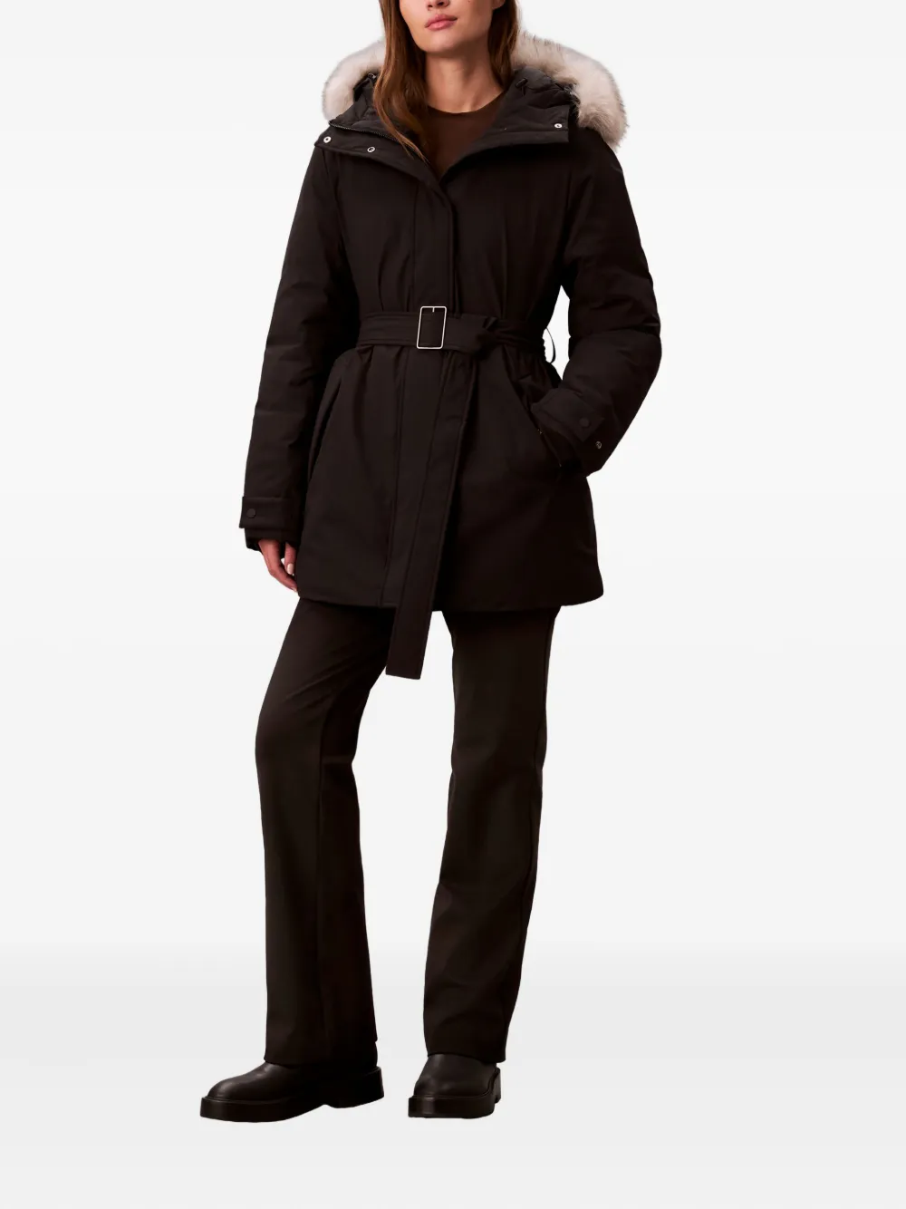 Calvin Klein Hooded Belted Jacket In Black