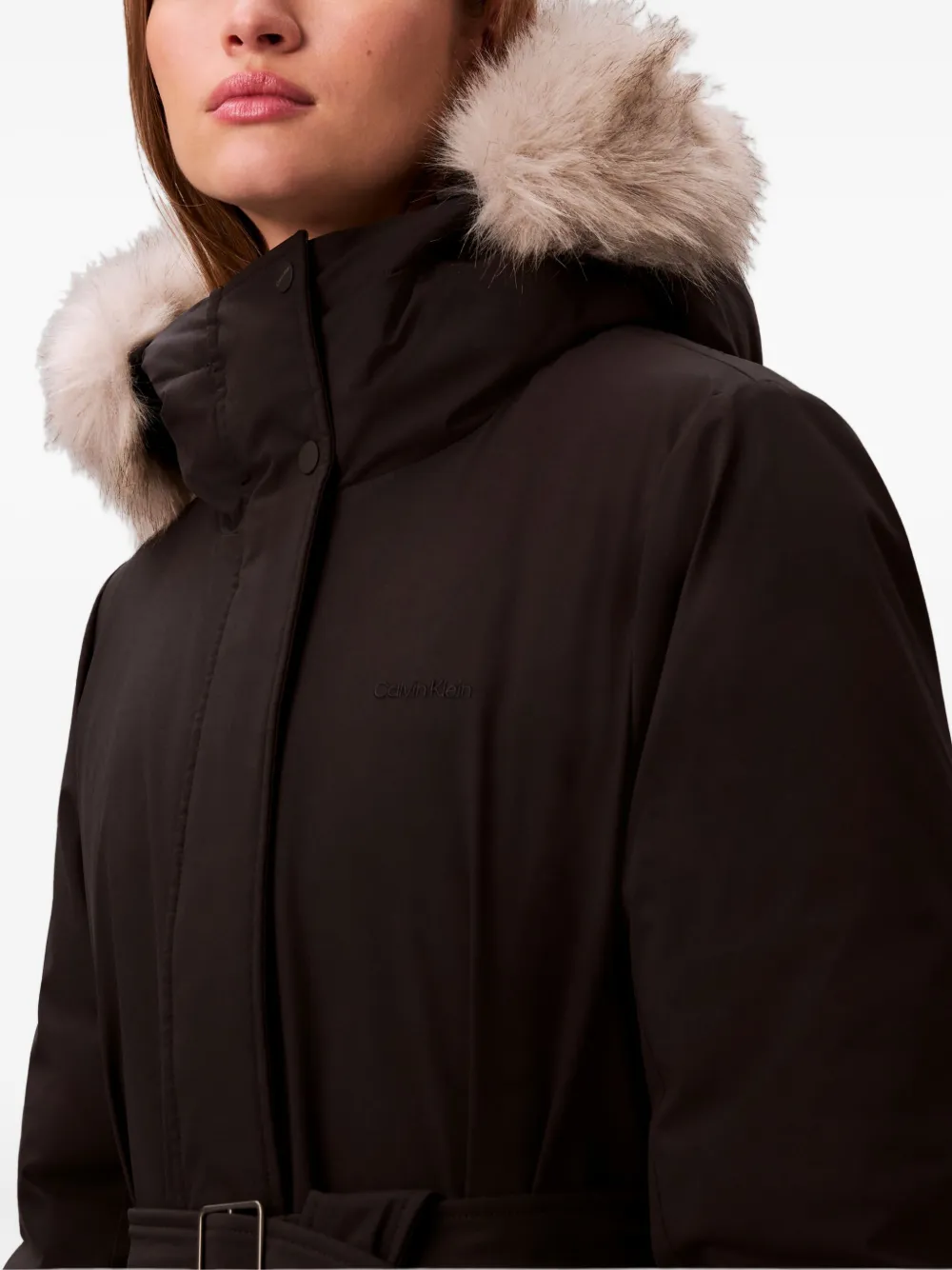 Calvin Klein Hooded Belted Jacket In Black