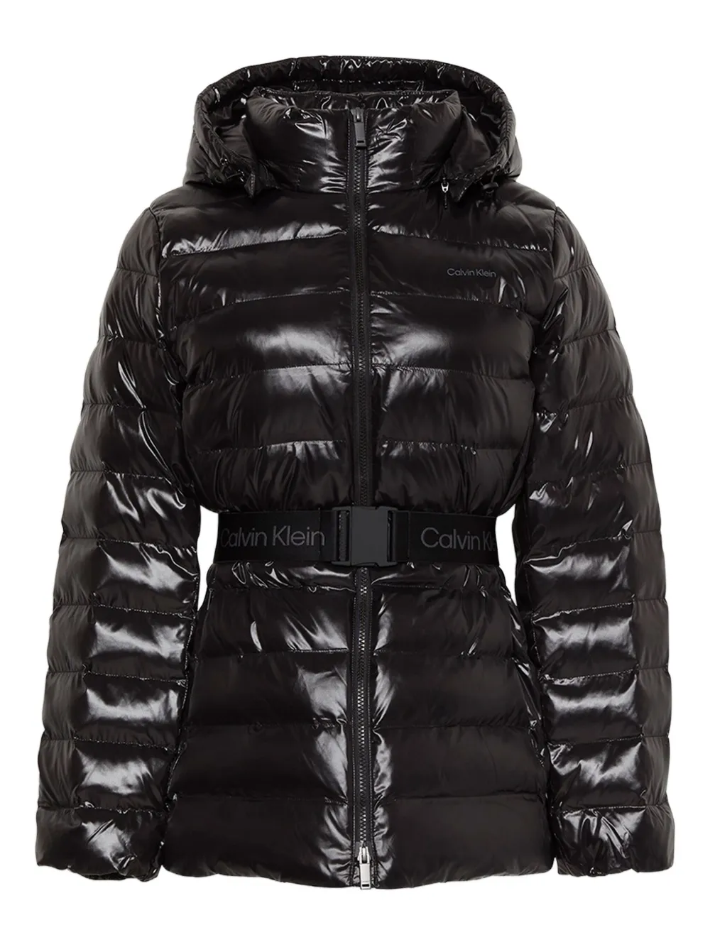 Calvin Klein Hooded Belted Jacket In Black