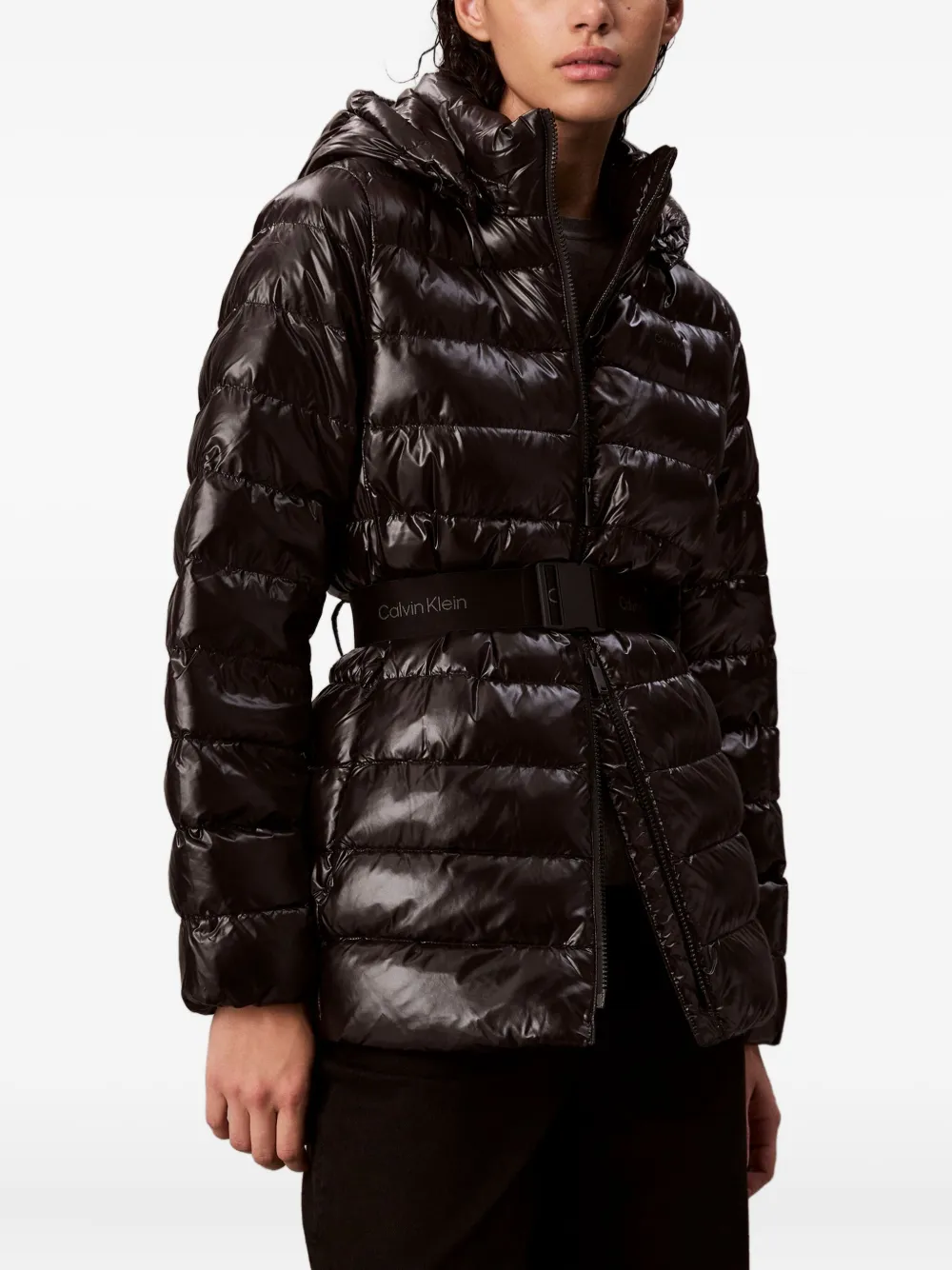 Calvin Klein Hooded Belted Jacket In Black