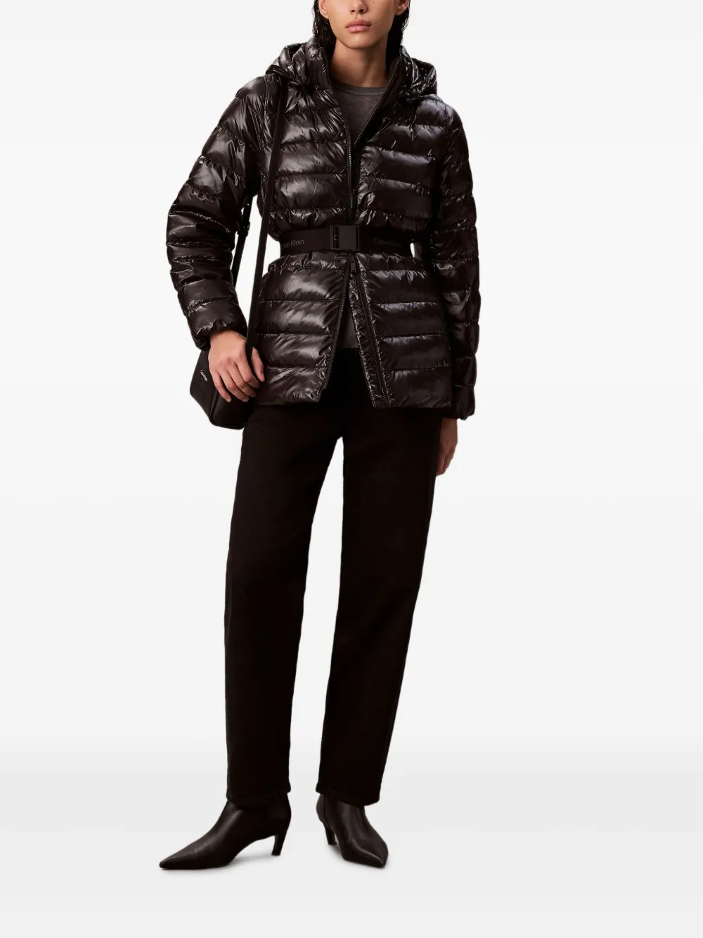 Calvin Klein Hooded Belted Jacket In Black