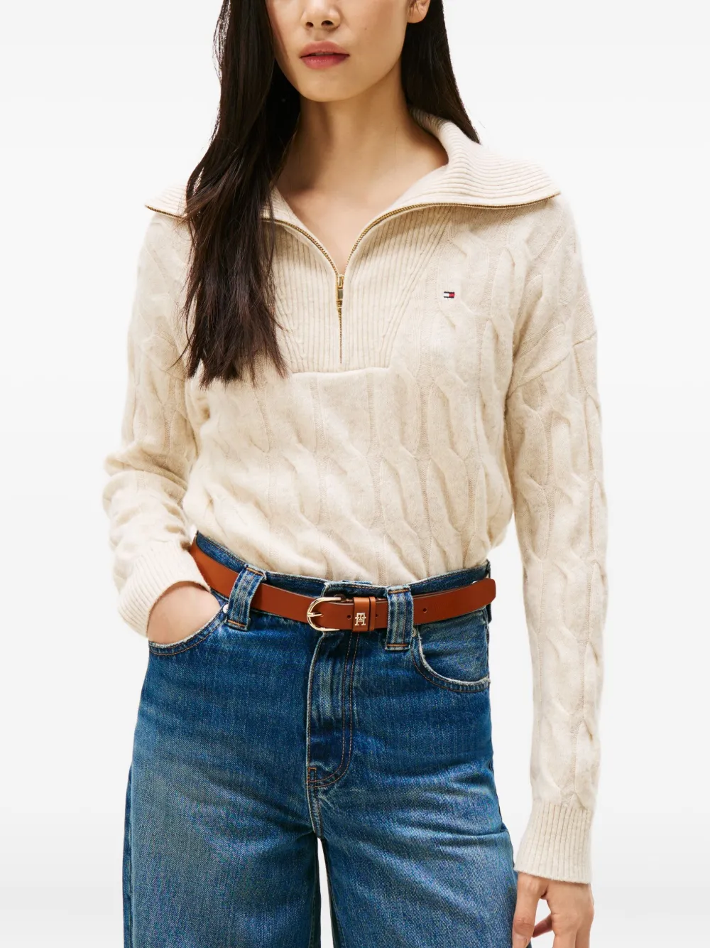 Tommy Hilfiger Cable-knit Zip Sweater In Gray