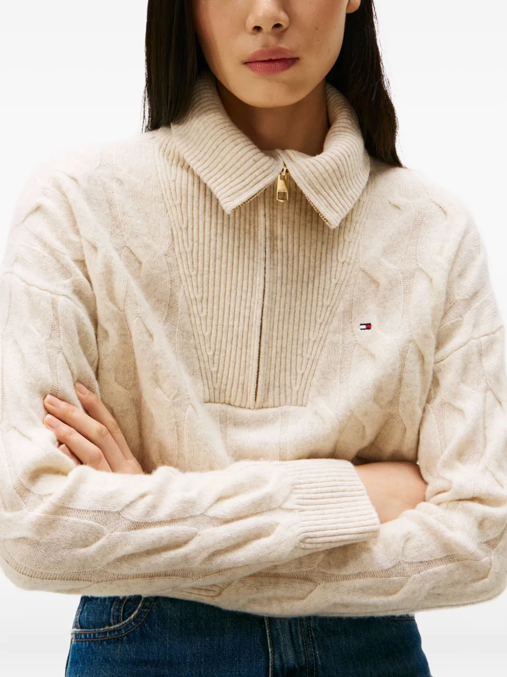 Tommy Hilfiger Cable-knit Zip Sweater In Gray