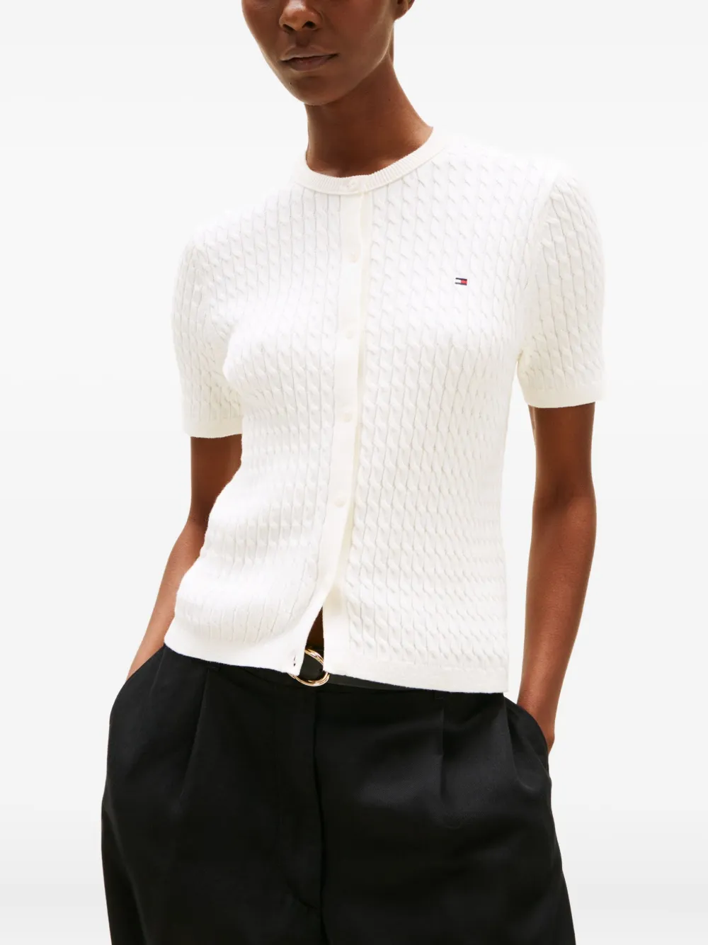 Tommy Hilfiger Cable-knit Short-sleeve Cardigan In White