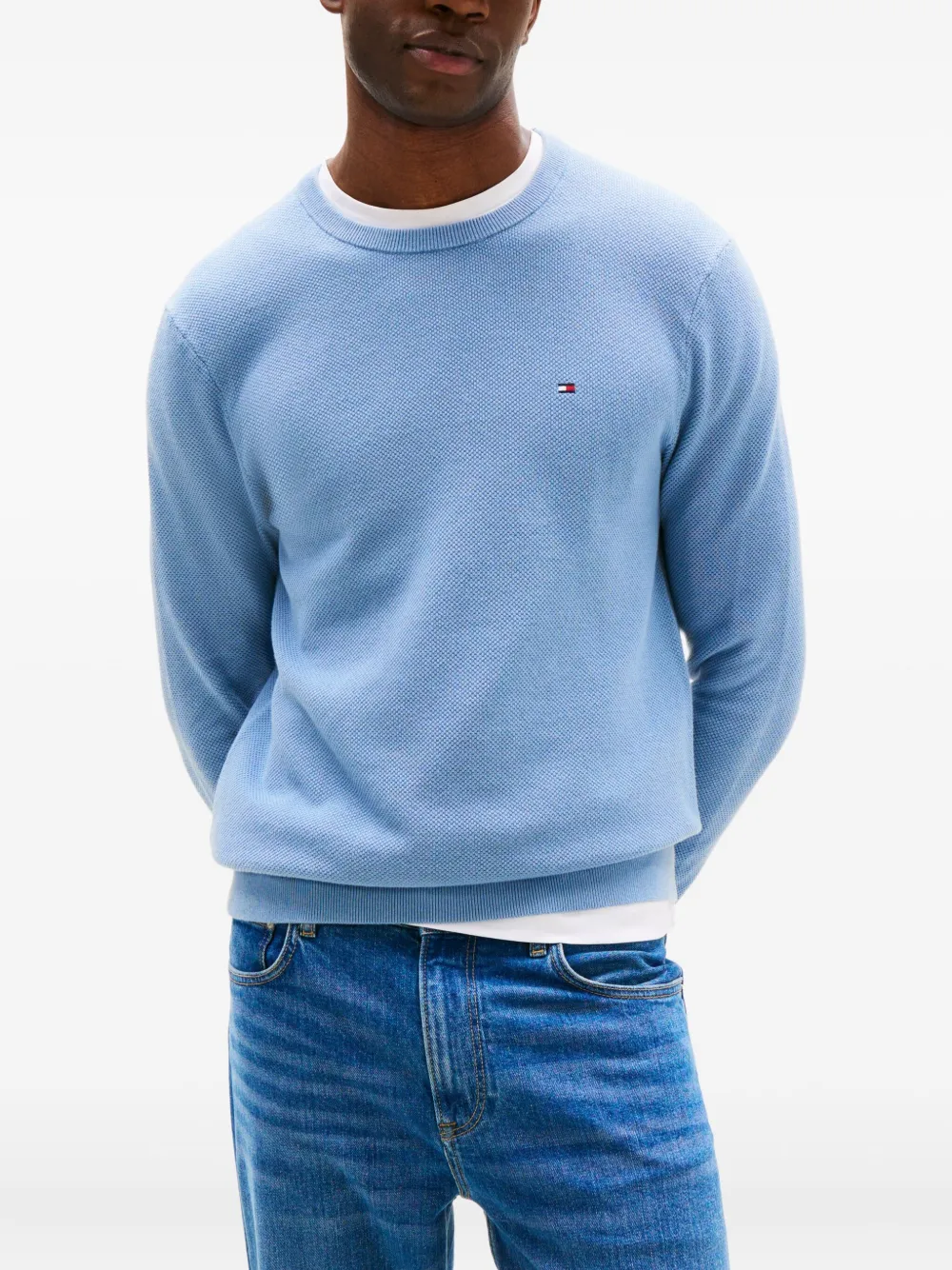 Tommy Hilfiger Flag Textured Logo Sweater In Blue