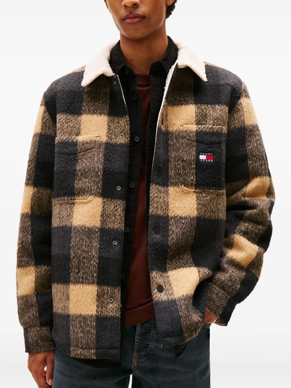 Tommy Jeans Check Sherpa Collar Jacket In Black