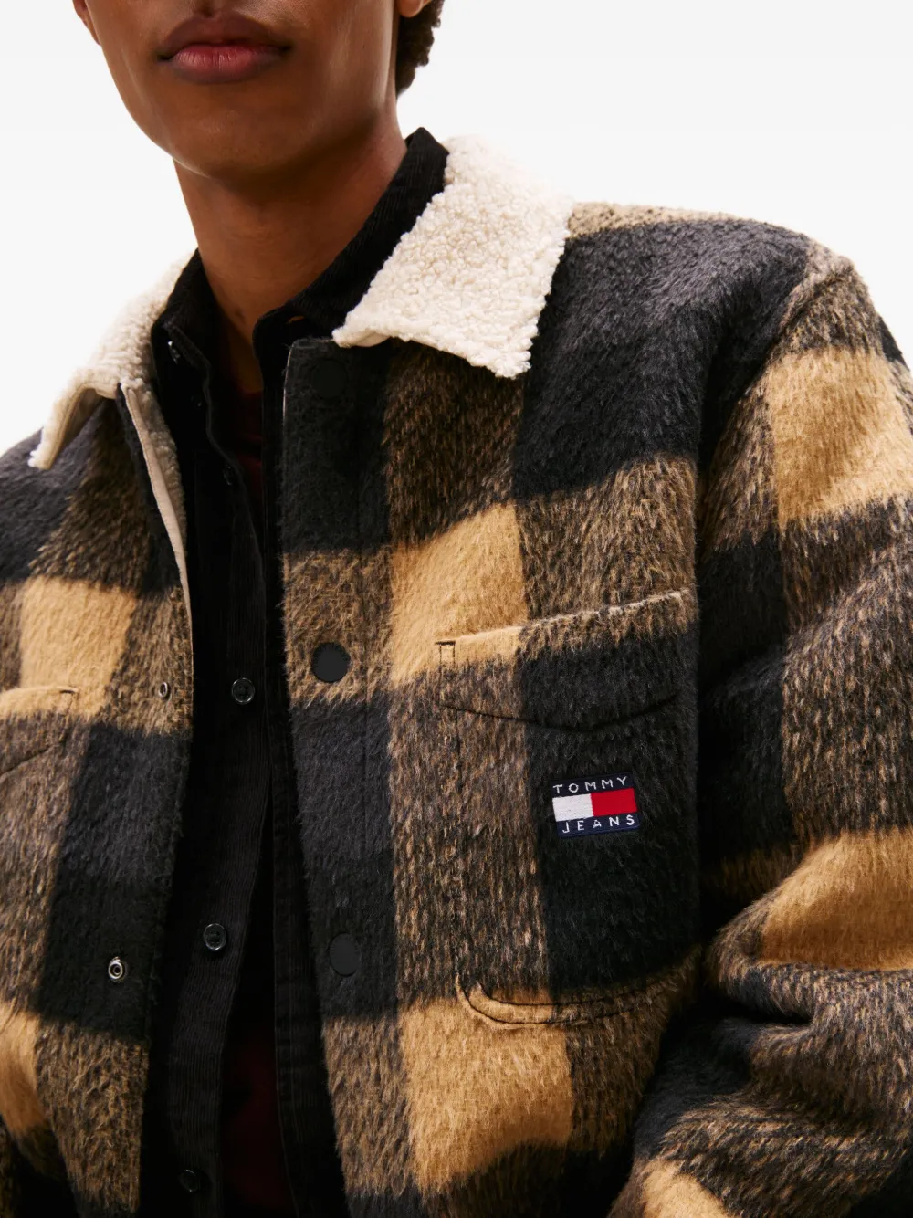 Tommy Jeans Check Sherpa Collar Jacket In Black