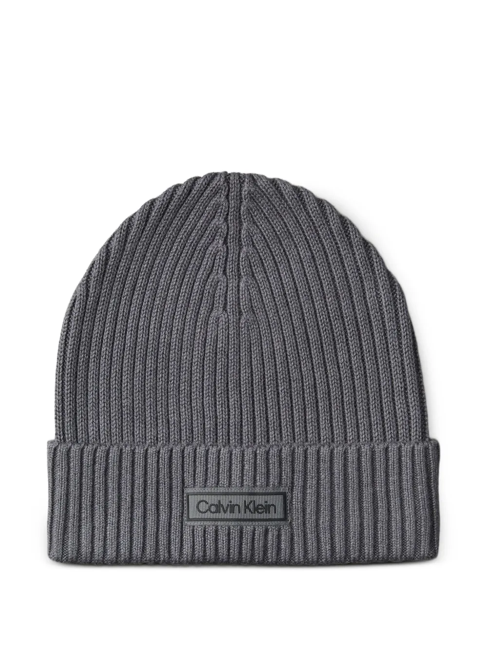Calvin Klein Ribbed Logo-patch Beanie In Gray