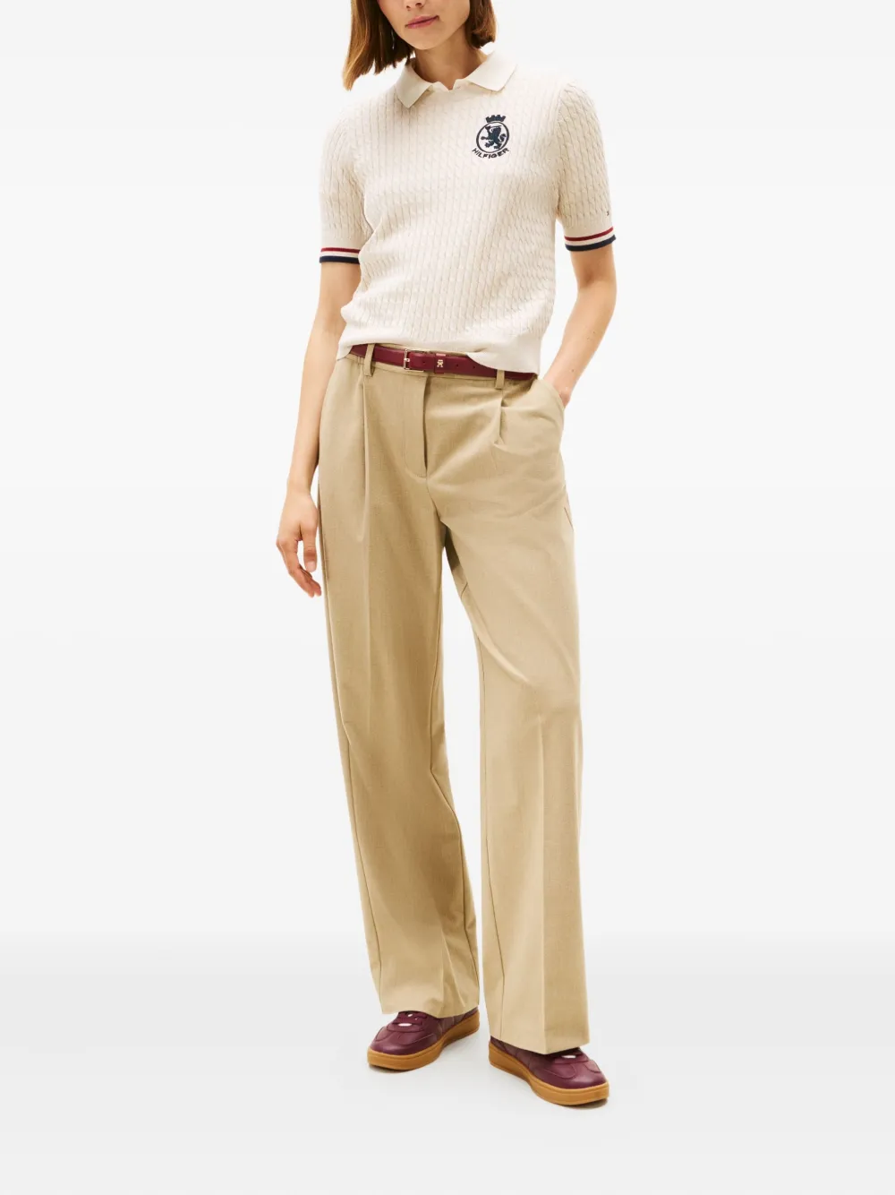 Tommy Hilfiger Crest-embroidered Cable-knit Top In Neutral