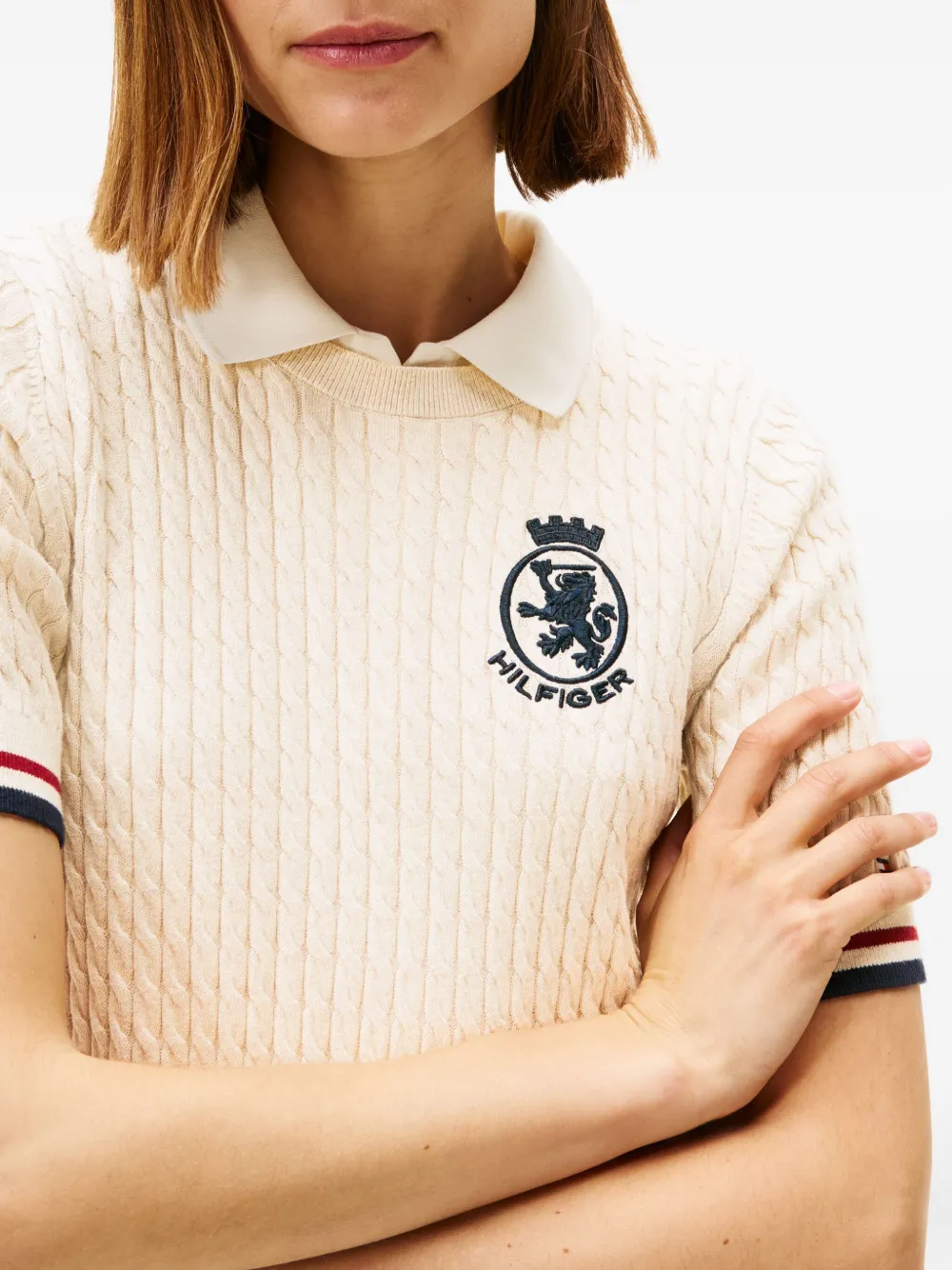 Tommy Hilfiger Crest-embroidered Cable-knit Top In Neutral