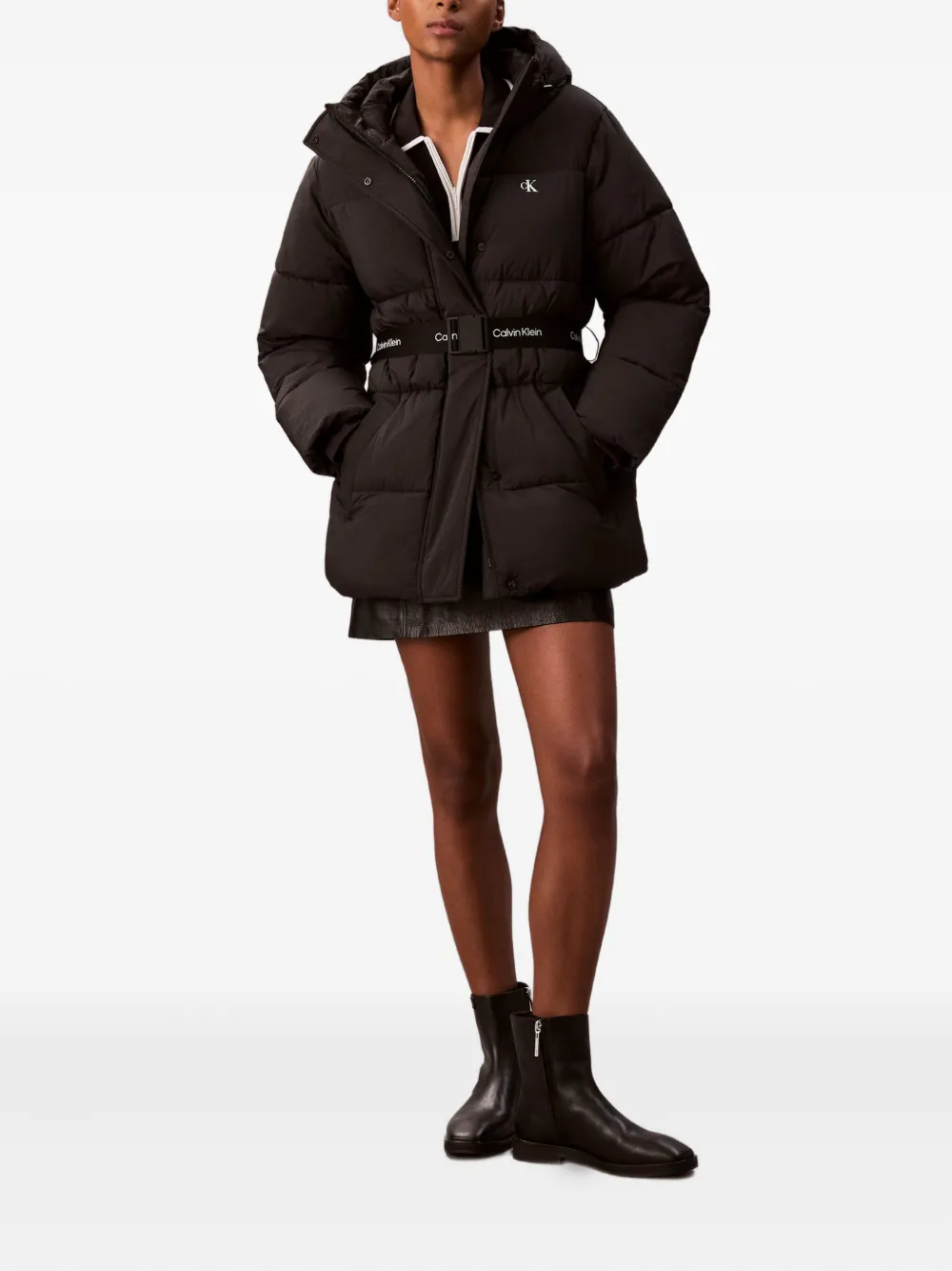 Calvin Klein Jeans Est.1978 Hooded Belted Coat In Black