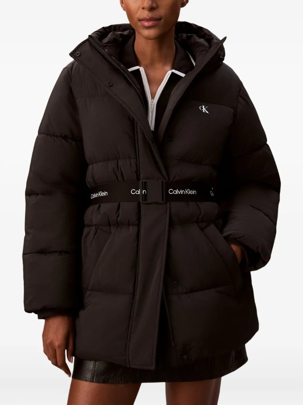 Calvin Klein Jeans Est.1978 Hooded Belted Coat In Black