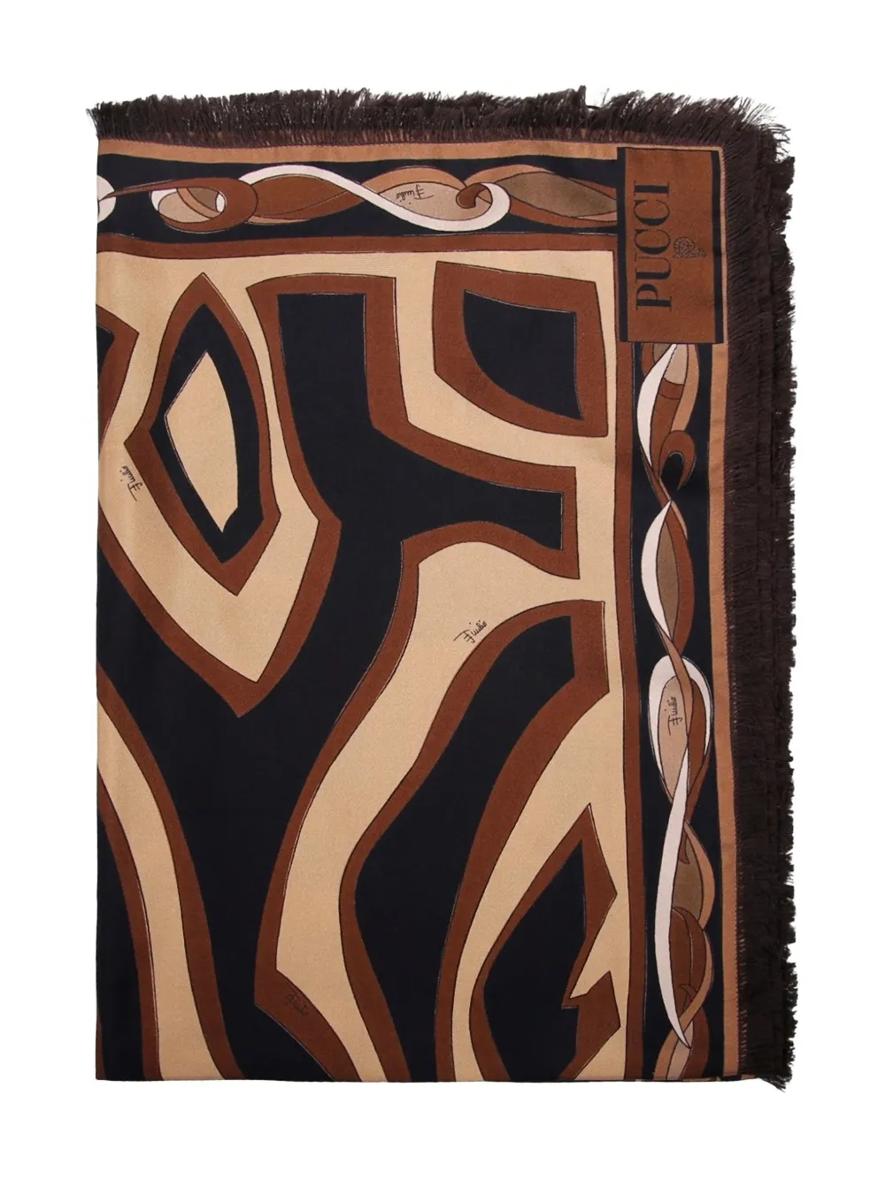 Pucci Fringed Abstract-pattern Scarf In Brown