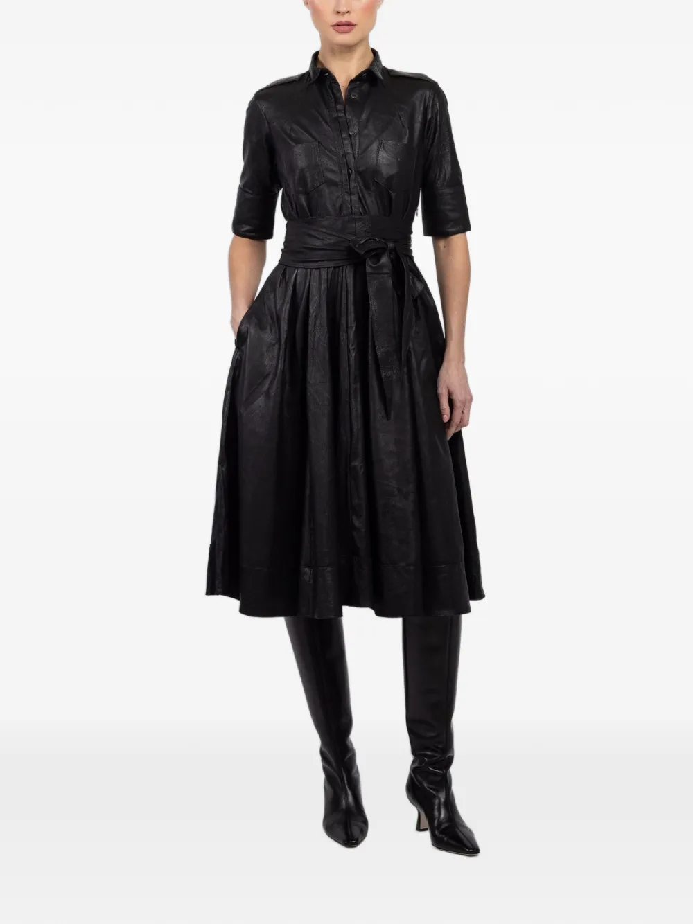 Hannes Roether belted short-sleeve midi dress - Zwart